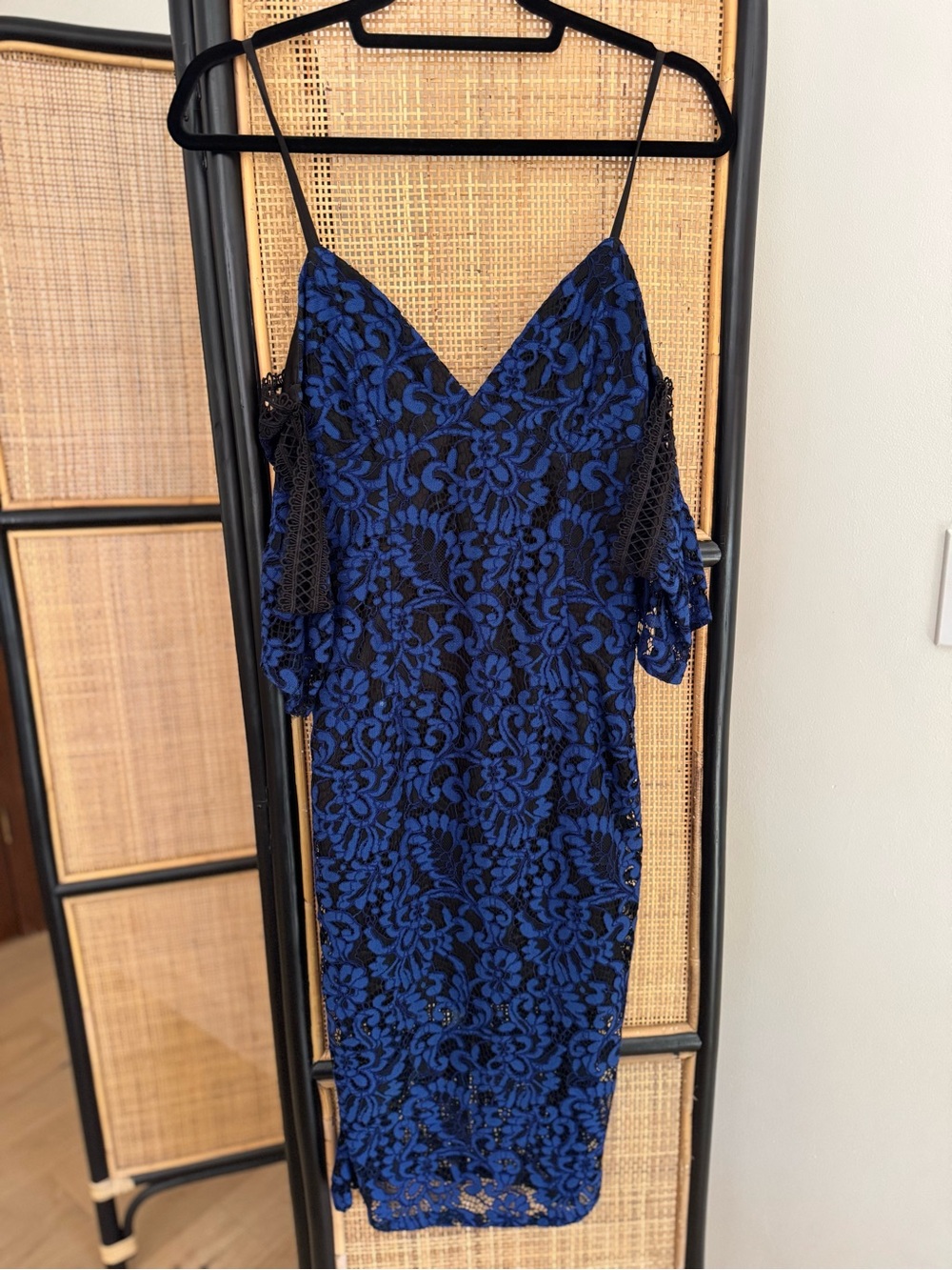 Bardot Blue & Black Lace Cold-Shoulder Midi Dress
